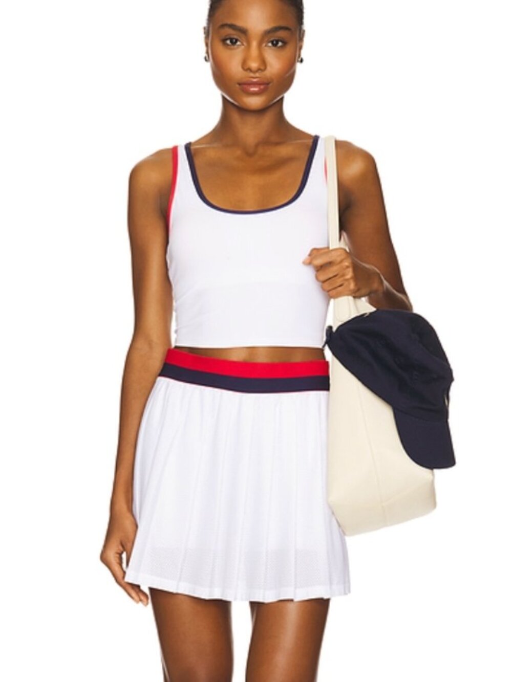 Beach Riot White Pleated Skirt with Red & Navy Waistband